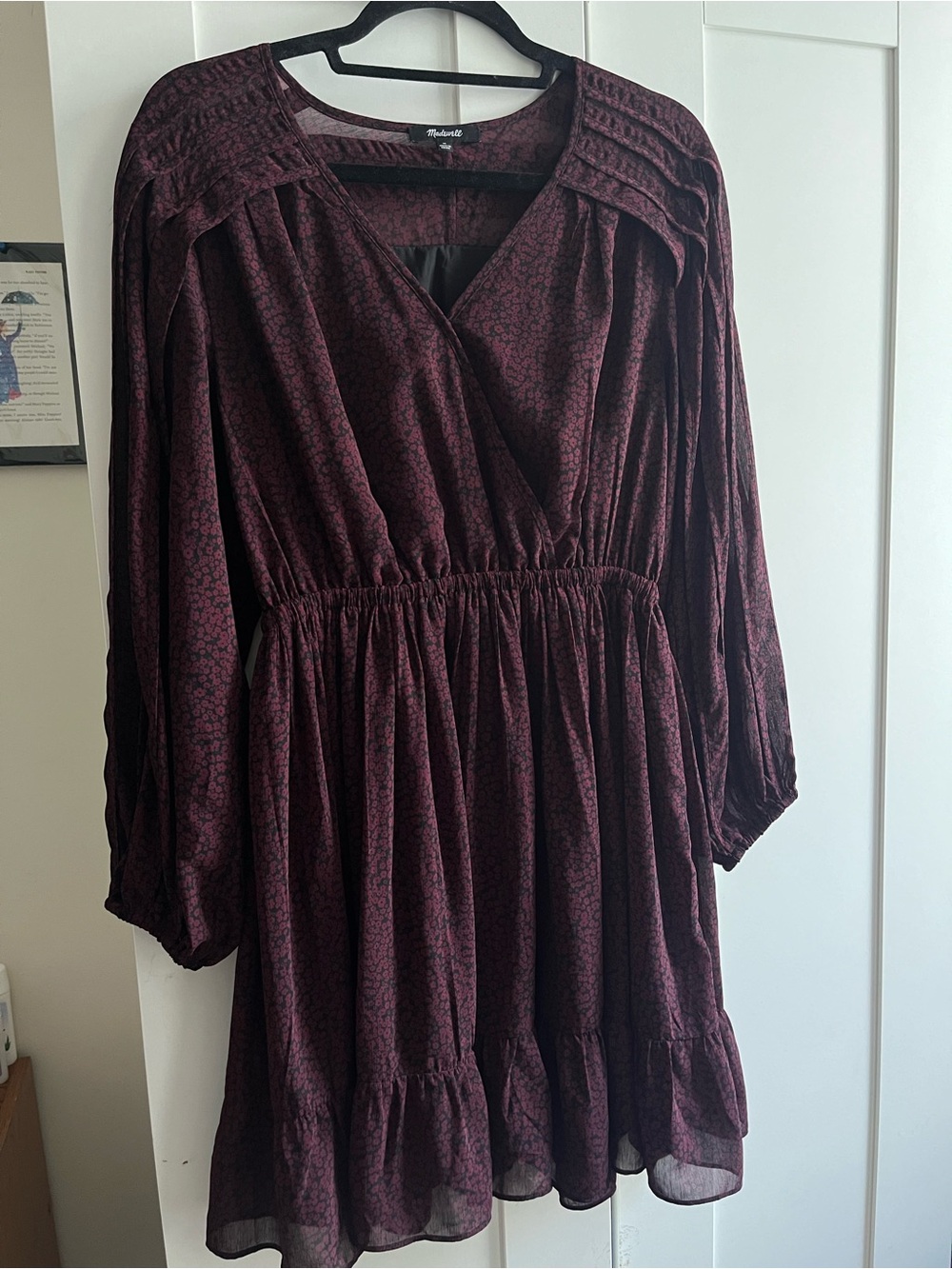 Madewell Purple and Black Floral Midi Long Sleeve Dress in Medium